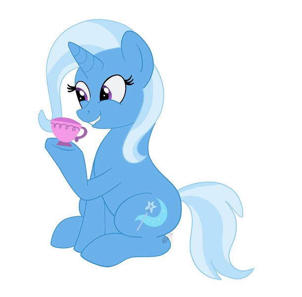 Size: 2048x2010 | Tagged: safe, artist:kazzysart, derpibooru import, trixie, pony, unicorn, cup, female, image, jpeg, lip bite, mare, simple background, sitting, solo, teacup, that pony sure does love teacups, white background
