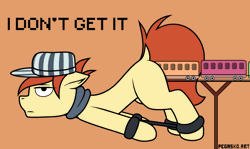 Size: 840x500 | Tagged: suggestive, artist:pegasko, derpibooru import, earth pony, pony, anal insertion, animated, bondage, bound, cap, clothes, cuffs, dock, face down ass up, gif, hat, hobbled, image, insertion, lying down, male, meme, railroad, scarf, simple background, stallion, text, train, unamused, vector, wat