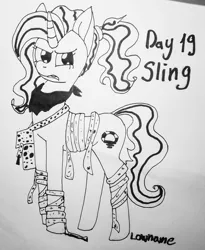 Size: 1080x1318 | Tagged: safe, artist:lowname, derpibooru import, luster dawn, pony, unicorn, clothes, female, frown, grayscale, image, inktober, inktober 2019, jpeg, lineart, mare, monochrome, scarf, signature, solo, traditional art