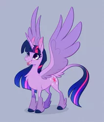 Size: 1000x1181 | Tagged: safe, artist:probablyfakeblonde, derpibooru import, part of a set, twilight sparkle, twilight sparkle (alicorn), alicorn, pony, alternate design, cloven hooves, female, image, jpeg, leonine tail, mare, simple background, smiling, solo, spread wings, wings