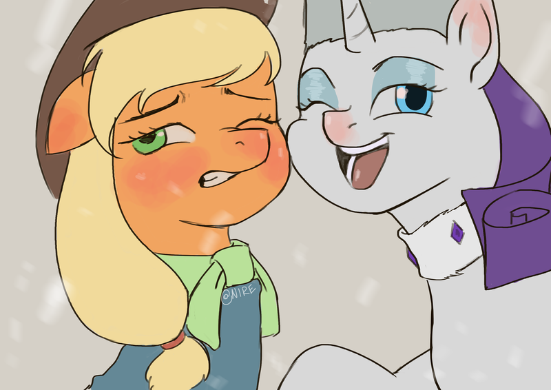 Size: 2480x1754 | Tagged: safe, artist:nire, derpibooru import, applejack, rarity, pony, unicorn, adorable face, blushing, cheeks touching, clothes, cute, duo, duo female, ear blush, embarrassed, female, image, lesbian, looking away, png, rarijack, red nosed, scarf, shipping, smiling, snow, winter clothes, winter hat, winter outfit