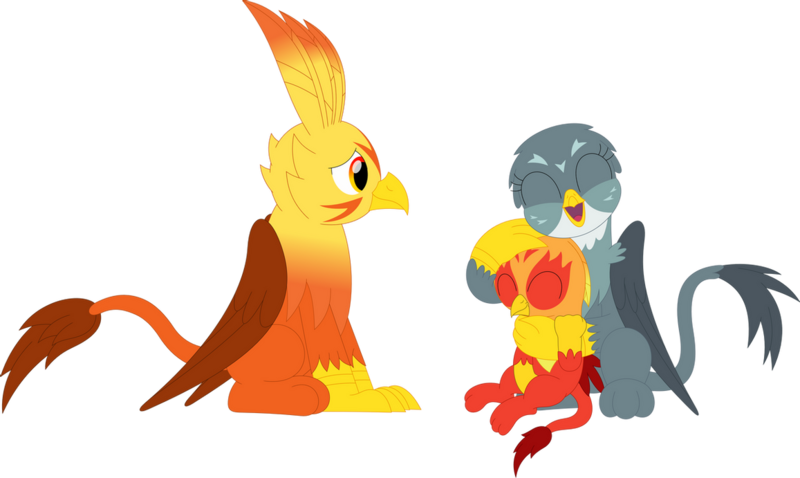 Size: 1157x691 | Tagged: safe, artist:porygon2z, derpibooru import, gabby, oc, oc:blaze, oc:heatwave, gryphon, eyes closed, griffon oc, hug, image, open mouth, png, simple background, transparent background, vector