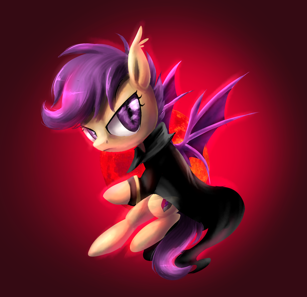 Size: 2736x2640 | Tagged: safe, artist:ce2438, banned from derpibooru, deleted from derpibooru, derpibooru import, scootaloo, bat pony, pony, bat ponified, black cloak, blood moon, cape, castlevania, cloak, clothes, female, image, lineless, moon, orange coat, png, purple mane, race swap, red, scootabat, serious, solo