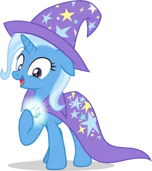 Size: 2705x3047 | Tagged: safe, artist:le-23, derpibooru import, trixie, pony, unicorn, brooch, cape, clasp, clothes, gem, glow, glowing gems, hat, image, lightup, png, simple background, smiling, transparent background, trixie's cape, trixie's glowing brooch, trixie's hat, vector