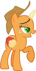 Size: 975x1926 | Tagged: safe, artist:pegasski, derpibooru import, applejack, oc, unofficial characters only, alicorn, pony, fame and misfortune, alicorn oc, bald, base, bedroom eyes, eyelashes, freckles, hat, horn, image, open mouth, png, raised hoof, simple background, smiling, solo, transparent background, two toned wings, wings