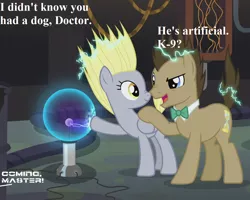 Size: 1350x1080 | Tagged: safe, derpibooru import, edit, edited screencap, screencap, derpy hooves, doctor whooves, time turner, slice of life (episode), cropped, dialogue, doctor who, doctor whooves' lab, image, implied k-9, offscreen character, plasma ball, png