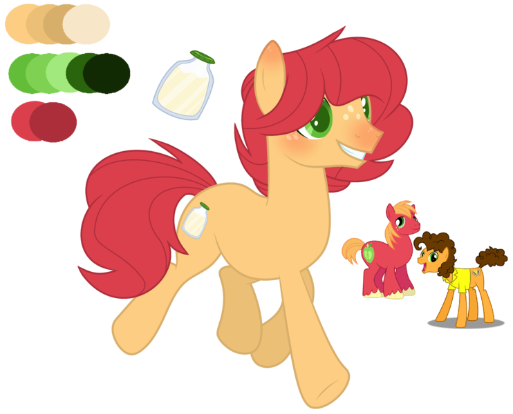 Size: 2724x2202 | Tagged: safe, artist:leanne264, derpibooru import, big macintosh, cheese sandwich, oc, earth pony, pony, base used, color palette, cutie mark, freckles, gay, image, mac n cheese, magical gay spawn, male, offspring, parent:big macintosh, parent:cheese sandwich, parents:mac n cheese, png, shipping, simple background, stallion, transparent background
