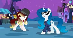 Size: 3842x2046 | Tagged: safe, artist:darbypop1, derpibooru import, oc, oc:destiny blood, oc:vivera belle, unofficial characters only, pony, unicorn, bowtie, clothes, costume, derby, female, glasses, hat, image, laurel and hardy, mare, nightmare night costume, png, shirt