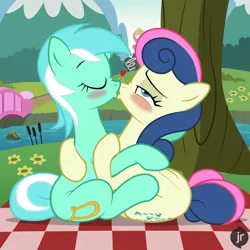 Size: 1920x1920 | Tagged: suggestive, artist:niggerfaggot, derpibooru import, bon bon, lyra heartstrings, sweetie drops, earth pony, pony, unicorn, blushing, duo, duo female, eyes closed, female, females only, image, kissing, lesbian, lidded eyes, lyrabon, making out, nose wrinkle, park, passionate, png, shipping, show accurate, vector