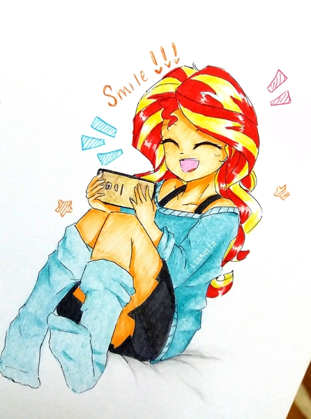 Size: 2246x3023 | Tagged: safe, artist:liaaqila, derpibooru import, sunset shimmer, equestria girls, blushing, bra, bra strap, clothes, cute, exclamation point, eyes closed, female, happy, hnnng, image, jpeg, marker drawing, mobile, mobile phone, off shoulder, phone, shimmerbetes, simple background, sitting, skirt, smartphone, smiling, socks, solo, stars, sweater, traditional art, underwear, white background