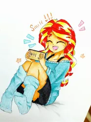 Size: 2246x3023 | Tagged: safe, artist:liaaqila, derpibooru import, sunset shimmer, equestria girls, blushing, bra, bra strap, clothes, cute, exclamation point, eyes closed, female, happy, hnnng, image, jpeg, marker drawing, mobile, mobile phone, off shoulder, phone, shimmerbetes, simple background, sitting, skirt, smartphone, smiling, socks, solo, stars, sweater, traditional art, underwear, white background