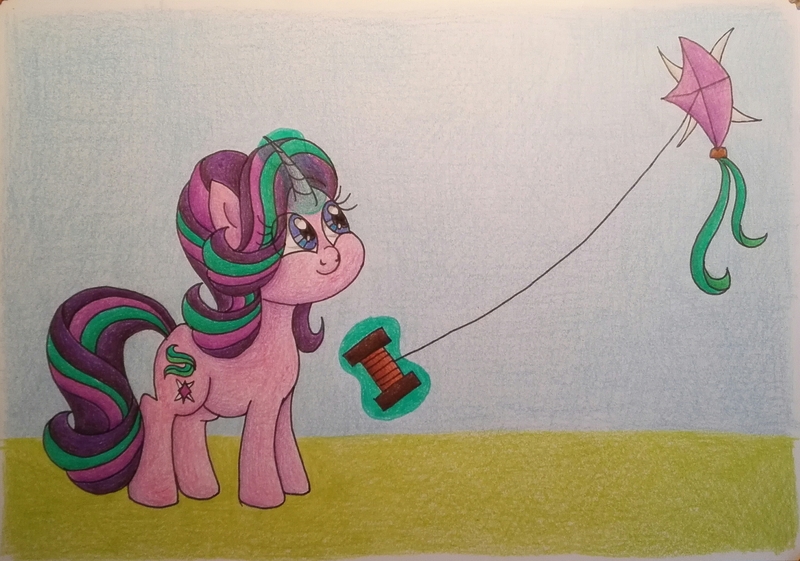 Size: 2934x2059 | Tagged: safe, artist:m0m0m4ltg3rn, derpibooru import, starlight glimmer, pony, unicorn, cute, female, glimmerbetes, glowing horn, horn, image, jpeg, kite, kite flying, mare, smiling, solo, that pony sure does love kites, traditional art