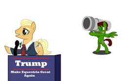 Size: 1220x810 | Tagged: safe, artist:swiftgaiathebrony, derpibooru import, oc, ponified, unofficial characters only, earth pony, pegasus, pony, american politics, assassination, bipedal, donald trump, duo, gun, image, make america great again, make equestria great again, male, microphone, necktie, op has an opinion, op is a duck, open mouth, png, politics, politics in the comments, rocket launcher, simple background, stallion, trump, weapon, white background