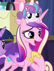 Size: 962x1269 | Tagged: safe, derpibooru import, screencap, princess cadance, princess flurry heart, twilight sparkle, alicorn, pony, road to friendship, baby, baby pony, cropped, duo focus, female, image, mare, mother and child, mother and daughter, png, pony hat, stage