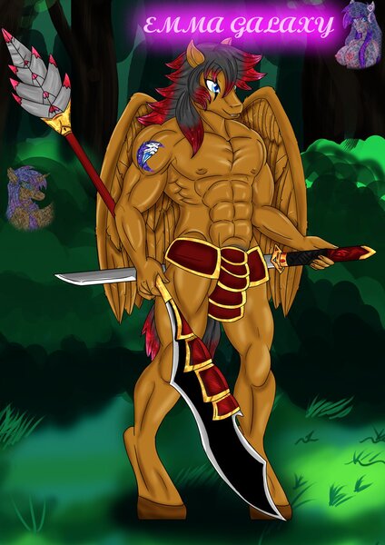 Size: 1243x1757 | Tagged: suggestive, alternate version, artist:emmagalaxy, derpibooru import, oc, unofficial characters only, anthro, pegasus, abs, alternative cutie mark placement, armor, biceps, clothes, cutie mark, digital art, forest, image, jpeg, male, male nipples, muscles, nipples, nudity, partial nudity, pecs, solo, solo male, sword, tail, topless, tree, unconvincing armor, weapon, wings