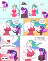 Size: 3840x4832 | Tagged: safe, artist:matchstickman, derpibooru import, princess celestia, twilight sparkle, twilight sparkle (alicorn), alicorn, anthro, pony, abs, armpits, biceps, breasts, busty princess celestia, busty twilight sparkle, clothes, comic, commission, deltoids, dialogue, ethereal mane, female, flexing, image, mare, multicolored background, muscles, png, princess musclestia, speech bubble, spread wings, starry eyes, wingboner, wingding eyes, wings
