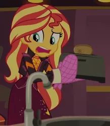 Size: 496x571 | Tagged: safe, derpibooru import, screencap, sunset shimmer, equestria girls, equestria girls series, sunset's backstage pass!, spoiler:eqg series (season 2), bread, cropped, food, image, png, solo, toast, toaster