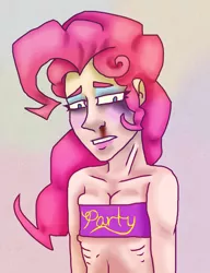 Size: 1508x1960 | Tagged: semi-grimdark, artist:theedgyduck, derpibooru import, pinkie pie, human, .mov, party.mov, blood, breasts, cleavage, clothes, eyeliner, eyeshadow, female, humanized, image, makeup, nosebleed, png, pony.mov, ribs, simple background, skinny, smudged makeup, solo