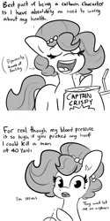 Size: 3000x6000 | Tagged: safe, artist:tjpones, derpibooru import, oc, oc:brownie bun, unofficial characters only, earth pony, pony, 2 panel comic, black and white, breaking the fourth wall, comic, drink, eating, female, food, grayscale, high blood pressure, image, impossibly high blood pressure, mare, monochrome, needle, open mouth, png, simple background, solo, white background