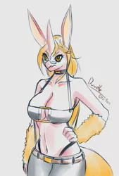 Size: 700x1036 | Tagged: safe, artist:ero-bee, derpibooru import, oc, oc:ero-bee, unofficial characters only, anthro, unicorn, arm warmers, bra, breasts, choker, cleavage, clothes, eyelashes, female, glasses, gray background, hand on hip, horn, image, jpeg, pants, signature, simple background, solo, underwear, unicorn oc
