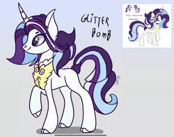 Size: 2107x1668 | Tagged: safe, artist:caramelbolt24, derpibooru import, rarity, starlight glimmer, oc, oc:glitter bomb, pony, unicorn, abstract background, chest fluff, cloven hooves, horn, image, jpeg, magical lesbian spawn, offspring, parent:rarity, parent:starlight glimmer, parents:starity, raised hoof, signature, smiling, unicorn oc