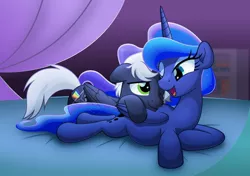 Size: 800x564 | Tagged: safe, artist:jhayarr23, derpibooru import, princess luna, oc, alicorn, pegasus, pony, canon x oc, couple, cuddling, cute, image, jpeg, lying down, male, one eye closed, prone, stallion