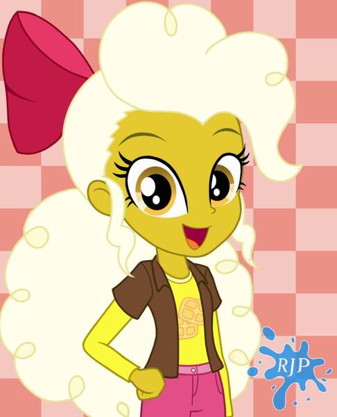 Size: 850x1050 | Tagged: safe, artist:rjp.rammy, derpibooru import, oc, oc:waffle crust, equestria girls, bow, clothes, hair bow, image, jpeg, pants, shirt, solo, vest