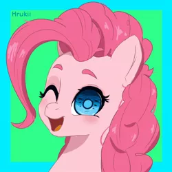 Size: 850x850 | Tagged: safe, artist:hrukii, derpibooru import, pinkie pie, earth pony, pony, abstract background, bust, cropped, ear fluff, female, image, jpeg, looking at you, mare, open mouth, portrait, redraw, smiling, solo, three quarter view