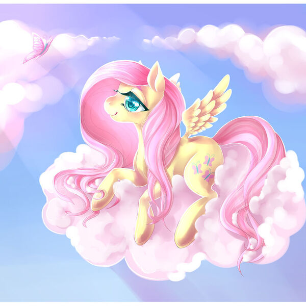 Size: 1024x1024 | Tagged: safe, artist:verrottet, derpibooru import, fluttershy, butterfly, insect, pegasus, pony, cloud, colored pupils, crepuscular rays, cute, female, image, jpeg, lying down, mare, on a cloud, outdoors, profile, prone, shyabetes, sky, smiling, solo, spread wings, wings
