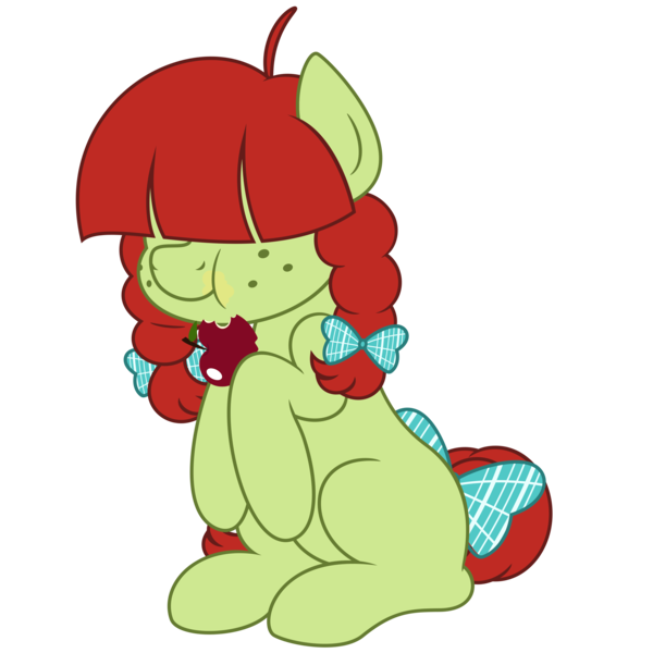 Size: 3000x3000 | Tagged: safe, artist:besttubahorse, derpibooru import, oc, oc:apple crisp, unofficial characters only, earth pony, pony, apple, aweeg*, bow, eating, female, food, freckles, herbivore, image, png, simple background, sitting, solo, tail bow, transparent background, vector