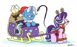 Size: 6000x3708 | Tagged: safe, artist:bobthedalek, derpibooru import, starlight glimmer, sunburst, trixie, pony, unicorn, animal costume, antlers, bell, bell collar, blushing, bridle, christmas, clothes, collar, costume, cuffs, female, glowing horn, gritted teeth, harness, hat, hearth's warming, holiday, horn, image, implied spanking, inconvenient trixie, jingle bells, jpeg, magic, male, mare, pulling sleigh, red nose, reindeer antlers, reindeer costume, sack, santa costume, santa hat, signature, simple background, sleigh, socks (coat marking), stallion, starlight is not amused, tack, telekinesis, unamused, whip, whipping, white background, wide eyes