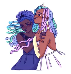 Size: 1629x1692 | Tagged: safe, artist:fioweress, derpibooru import, princess celestia, princess luna, human, alternate hairstyle, blushing, clothes, crown, dark skin, dreadlocks, dress, ear piercing, earring, female, freckles, hug, humanized, image, jewelry, nail polish, piercing, png, regalia, royal sisters, siblings, simple background, sisters, white background