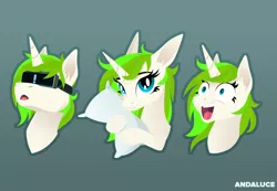 Size: 2180x1508 | Tagged: safe, artist:andaluce, derpibooru import, oc, oc:vinyl mix, unofficial characters only, pony, unicorn, bust, cute, expressions, image, multeity, pillow, png, simple background, smiling, solo