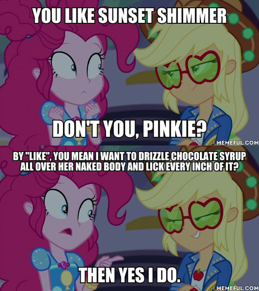 Size: 600x674 | Tagged: questionable, derpibooru import, edit, edited screencap, screencap, applejack, pinkie pie, equestria girls, equestria girls series, sunset's backstage pass!, spoiler:eqg series (season 2), caption, duo, female, image, image macro, implied lesbian, implied shipping, implied sunset shimmer, implied sunsetpie, jpeg, memeful.com, smiling, smirk, text