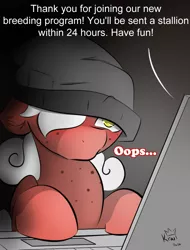 Size: 762x1002 | Tagged: suggestive, alternate version, artist:kingkrail, derpibooru import, oc, oc:vanilla melt, pegasus, pony, blushing, computer, female, filly, image, imminent foalcon, oops, png, solo
