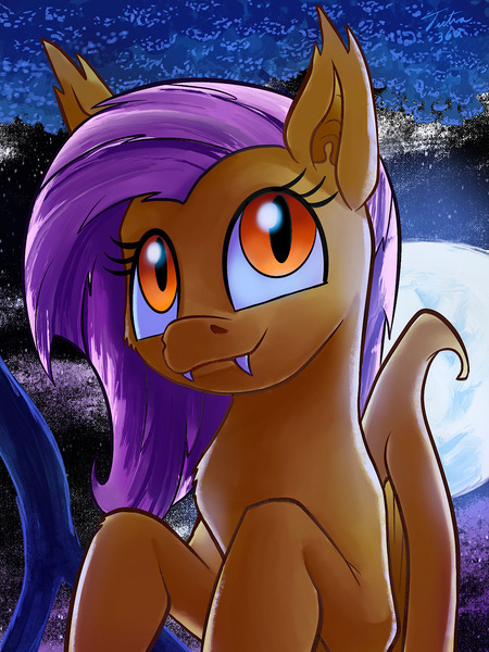 Size: 1124x1499 | Tagged: dead source, safe, artist:tsitra360, derpibooru import, fluttershy, bat pony, pony, bat ponified, cute, cute little fangs, fangs, female, flutterbat, full moon, image, jpeg, moon, race swap, smiling, solo