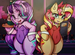 Size: 2048x1519 | Tagged: suggestive, alternate version, artist:canvymamamoo, derpibooru import, starlight glimmer, sunset shimmer, anthro, pony, semi-anthro, unicorn, arm hooves, belly button, blushing, bottle, bowtie, breasts, chest fluff, cleavage fluff, clothes, cuffs (clothes), duo, ear fluff, female, females only, frog (hoof), glass, holding, image, jpeg, leotard, looking at you, mare, menu, open mouth, smiling, tongue out, tray, underhoof, wine bottle, wine glass