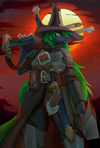 Size: 1022x1504 | Tagged: safe, artist:margony, derpibooru import, oc, unofficial characters only, anthro, earth pony, armor, clothes, commission, digital art, fangs, gun, hat, image, male, png, rifle, solo, sunset, sword, tail, vampire hunter, warhammer (game), weapon