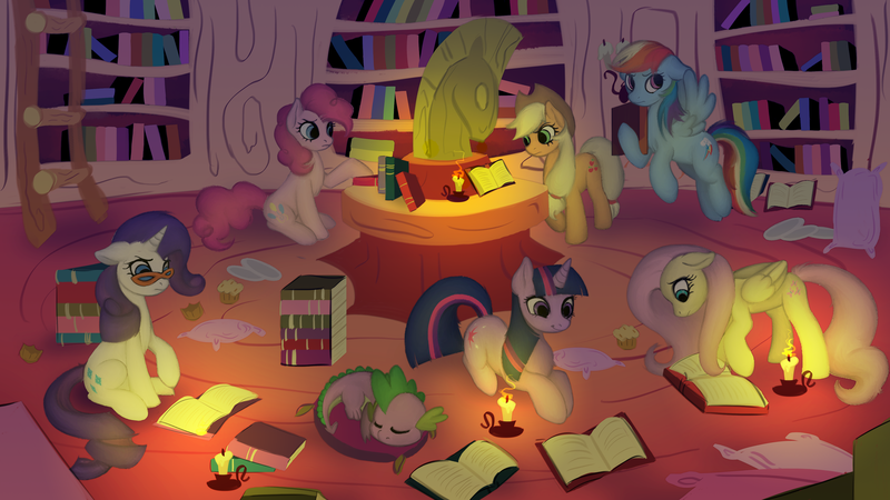 Size: 3840x2160 | Tagged: dead source, safe, artist:108fiona8fay, derpibooru import, applejack, fluttershy, pinkie pie, rainbow dash, rarity, spike, twilight sparkle, pony, unicorn, book, candle, golden oaks library, image, library, mane seven, mane six, png, sleeping
