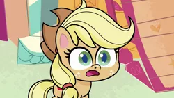 Size: 1280x720 | Tagged: safe, derpibooru import, screencap, applejack, earth pony, pony, how applejack got her hat back, my little pony: pony life, spoiler:pony life s01e04, applejack's hat, cowboy hat, female, hat, image, png, shocked, solo, sugarcube corner