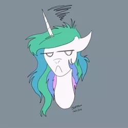 Size: 1080x1080 | Tagged: safe, artist:stargazerseven, derpibooru import, princess celestia, alicorn, pony, bust, celestia is not amused, female, frown, gray background, grumpy, image, jpeg, mare, messy mane, missing accessory, signature, simple background, solo, unamused