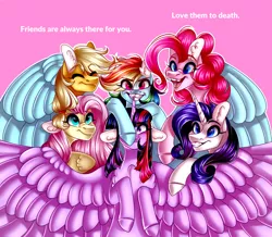 Size: 3000x2612 | Tagged: safe, artist:saltycatt, derpibooru import, applejack, fluttershy, pinkie pie, rainbow dash, rarity, twilight sparkle, twilight sparkle (alicorn), alicorn, pony, floppy ears, high res, image, mane six, pink background, png, simple background, spread wings, wings