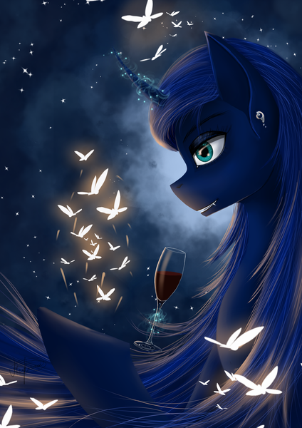 Size: 2480x3507 | Tagged: safe, artist:dezdark, derpibooru import, princess luna, butterfly, insect, pony, alcohol, ear piercing, fangs, glass, image, magic, piercing, png, profile, solo, telekinesis, wine, wine glass