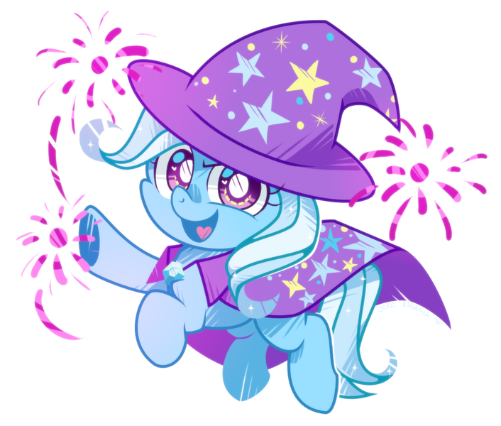 Size: 1000x850 | Tagged: safe, artist:yokokinawa, derpibooru import, trixie, pony, unicorn, cape, chibi, clothes, cute, diatrixes, hat, image, looking at you, open mouth, png, simple background, smiling, solo, trixie's cape, trixie's hat, white background, white pupils