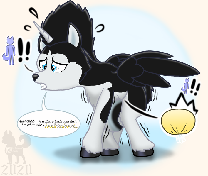 Size: 1700x1440 | Tagged: safe, artist:mrchaosthecunningwlf, artist:ponyvillechaos577, derpibooru import, oc, oc:frost cloud, alicorn, dog, husky, hybrid, pony, alicorn oc, bathroom sign, bladder, bladder gauge, crossbreed, crossed legs, desperation, dialogue, fetish, full bladder, horn, image, leaktober, leaktober 2020, male, need to pee, omorashi, png, potty dance, potty emergency, potty time, pun, solo, speech bubble, tail between legs, urine, wings