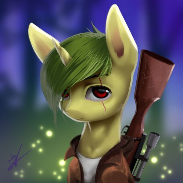 Size: 1280x1280 | Tagged: safe, artist:thatdreamerarts, derpibooru import, firefly (insect), insect, pony, unicorn, clothes, gun, image, jacket, jpeg, rifle, sniper rifle, solo, weapon