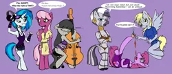 Size: 5106x2184 | Tagged: suggestive, artist:soulveiwinterfall, derpibooru import, berry punch, berryshine, cheerilee, derpy hooves, octavia melody, vinyl scratch, zecora, anthro, unguligrade anthro, alcohol, babydoll, babydoll lingerie, breasts, cello, cleavage, clothes, drunk, female, image, jpeg, lingerie, musical instrument, nightgown, pajamas, simple background, sleeping, underwear