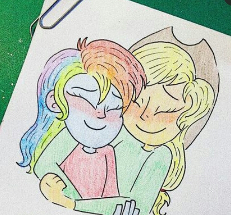 Size: 456x425 | Tagged: artist needed, source needed, safe, derpibooru import, applejack, rainbow dash, equestria girls, appledash, blushing, cute, dashabetes, duo, eyes closed, female, hug, image, jackabetes, jpeg, lesbian, shipping, traditional art