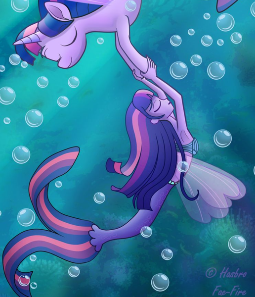 Size: 1600x1861 | Tagged: safe, artist:frozen-fairyfire, derpibooru import, edit, sci-twi, twilight sparkle, twilight sparkle (alicorn), alicorn, mermaid, pony, seapony (g4), equestria girls, cropped, fanfic art, female, image, loose hair, mermaid lovers, mermaid sci-twi, mermaidized, png, seaponified, seapony twilight, species swap, twolight