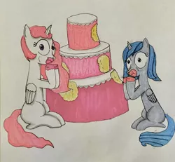 Size: 1492x1376 | Tagged: safe, artist:martialarts2003, derpibooru import, princess celestia, princess luna, alicorn, pony, blank flank, cake, caught, cewestia, eating, female, filly, folded wings, food, frosting, full mouth, horn, image, jpeg, looking at you, marker drawing, markers, pink-mane celestia, sitting, traditional art, wings, woona, younger